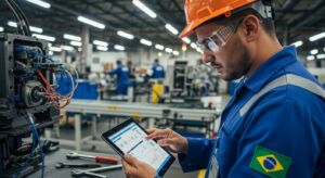 Um técnico em vestuário de trabalho azul e capacete laranja opera um tablet em primeiro plano, inspecionando diagramas na tela. Ele usa óculos de proteção. Uma bandeira do Brasil é visível na manga de seu uniforme. Ao fundo, outros trabalhadores e linhas de montagem da fábrica estão em atividade.