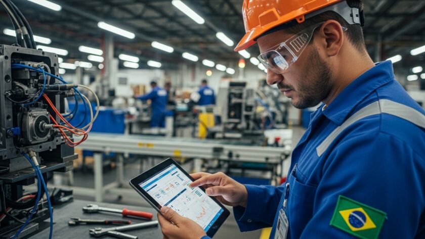 Um técnico em vestuário de trabalho azul e capacete laranja opera um tablet em primeiro plano, inspecionando diagramas na tela. Ele usa óculos de proteção. Uma bandeira do Brasil é visível na manga de seu uniforme. Ao fundo, outros trabalhadores e linhas de montagem da fábrica estão em atividade.
