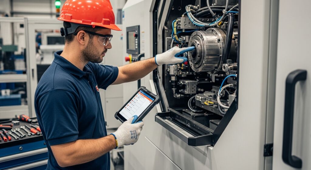 Um técnico de manutenção vestindo um capacete de segurança laranja e óculos de proteção foca na manutenção de uma máquina industrial complexa. Com luvas de segurança, ele aponta para um componente enquanto segura um tablet com dados técnicos na outra mão. Ferramentas manuais estão organizadas em uma bancada próxima.
