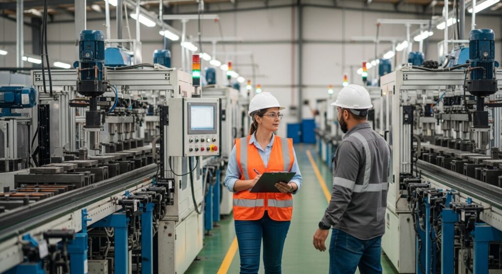 Uma engenheira com capacete de segurança branco e colete laranja conversa com um colega em uma fábrica moderna de automação. Ela segura uma prancheta enquanto ele está de costas. Várias máquinas de montagem automatizadas e linhas de transporte se estendem ao fundo, com luzes indicadoras e sinalizadores de status verdes e vermelhos.