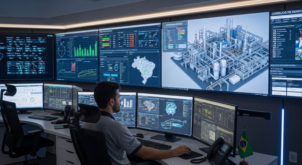Um técnico opera de costas em uma sala de controle industrial de última geração, com múltiplas telas de exibição. A tela principal à esquerda mostra gráficos e dados de telemetria, enquanto a tela central exibe um modelo 3D detalhado de uma instalação industrial e um mapa geográfico do Brasil com destaque para algumas regiões. Monitores menores de mesa exibem diagramas técnicos. Uma pequena bandeira do Brasil está visível na mesa.