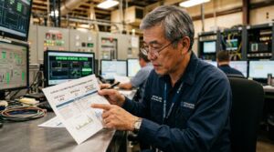 Em uma sala de controle industrial de plano médio, um engenheiro mecânico sênior de origem asiática e cabelos grisalhos, usando óculos e camisa de uniforme azul-escura com o logotipo "TECHDYN INDUSTRIES", está sentado de perfil analisando um documento impresso. Seu crachá o identifica como "Arthur Chen - Sr. Reliability Eng.". Ele aponta o dedo indicador esquerdo para o papel, que exibe o título "QUARTERLY EQUIPMENT RELIABILITY & MAINTENANCE REPORT" com caixas de destaque para os indicadores "MTBF (Hours): 1.342" e "MTTR (Hours): 2.1", além de gráficos de barras na base. Ao fundo, o ambiente de monitoramento é composto por grandes painéis elétricos cheios de botões e medidores, além de monitores de computador que exibem gráficos em tempo real e a mensagem de sistema "SYSTEM STATUS: ACTIVE".