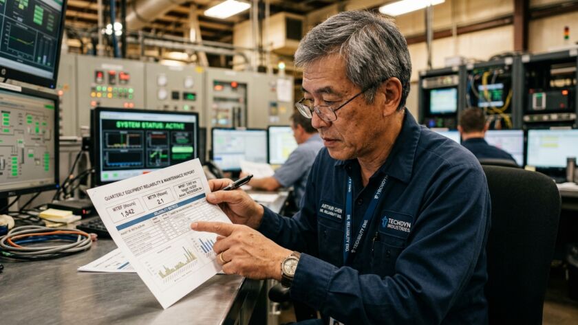 Em uma sala de controle industrial de plano médio, um engenheiro mecânico sênior de origem asiática e cabelos grisalhos, usando óculos e camisa de uniforme azul-escura com o logotipo "TECHDYN INDUSTRIES", está sentado de perfil analisando um documento impresso. Seu crachá o identifica como "Arthur Chen - Sr. Reliability Eng.". Ele aponta o dedo indicador esquerdo para o papel, que exibe o título "QUARTERLY EQUIPMENT RELIABILITY & MAINTENANCE REPORT" com caixas de destaque para os indicadores "MTBF (Hours): 1.342" e "MTTR (Hours): 2.1", além de gráficos de barras na base. Ao fundo, o ambiente de monitoramento é composto por grandes painéis elétricos cheios de botões e medidores, além de monitores de computador que exibem gráficos em tempo real e a mensagem de sistema "SYSTEM STATUS: ACTIVE".