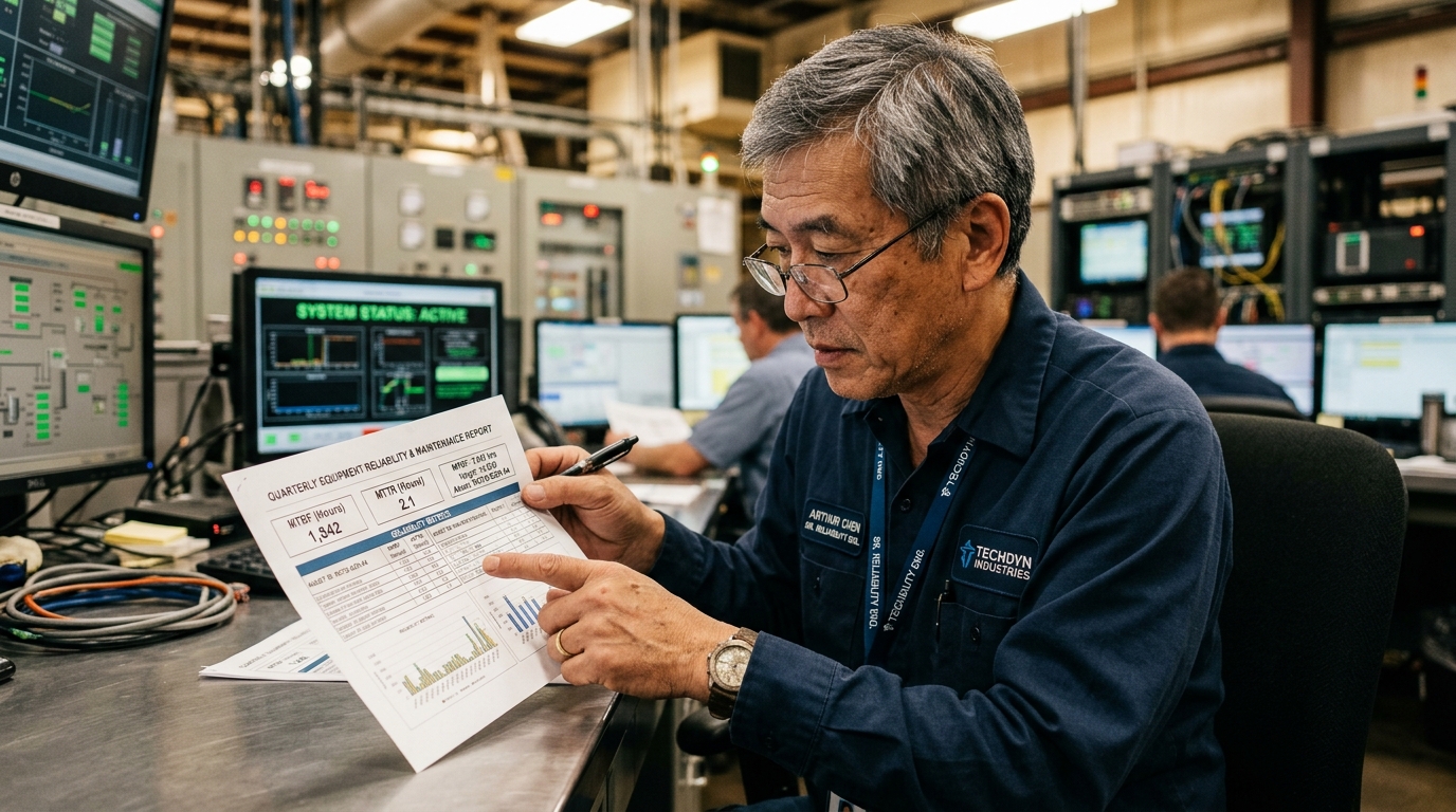Em uma sala de controle industrial de plano médio, um engenheiro mecânico sênior de origem asiática e cabelos grisalhos, usando óculos e camisa de uniforme azul-escura com o logotipo "TECHDYN INDUSTRIES", está sentado de perfil analisando um documento impresso. Seu crachá o identifica como "Arthur Chen - Sr. Reliability Eng.". Ele aponta o dedo indicador esquerdo para o papel, que exibe o título "QUARTERLY EQUIPMENT RELIABILITY & MAINTENANCE REPORT" com caixas de destaque para os indicadores "MTBF (Hours): 1.342" e "MTTR (Hours): 2.1", além de gráficos de barras na base. Ao fundo, o ambiente de monitoramento é composto por grandes painéis elétricos cheios de botões e medidores, além de monitores de computador que exibem gráficos em tempo real e a mensagem de sistema "SYSTEM STATUS: ACTIVE".