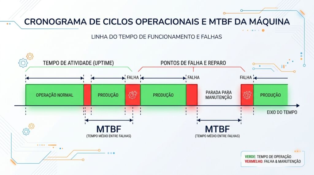 Infográfico didático com fundo claro e circuitos impressos sutis, intitulado "CRONOGRAMA DE CICLOS OPERACIONAIS E MTBF DA MÁQUINA - LINHA DO TEMPO DE FUNCIONAMENTO E FALHAS". O diagrama exibe uma linha horizontal preta (Eixo do Tempo) preenchida por blocos retangulares coloridos: os blocos verdes representam o "TEMPO DE ATIVIDADE (UPTIME)" com divisões de "OPERAÇÃO NORMAL" e "PRODUÇÃO". Intercalados a eles, há pequenos blocos vermelhos com um ícone de engrenagem e chave inglesa indicando os momentos de "FALHA", além de um espaço cinza que sinaliza uma "PARADA PARA MANUTENÇÃO". Setas largas na base da linha do tempo delimitam visualmente o conceito de "MTBF (TEMPO MÉDIO ENTRE FALHAS)" como o espaço de tempo produtivo compreendido entre duas quebras consecutivas. Uma legenda explicativa detalha as cores no canto inferior direito.