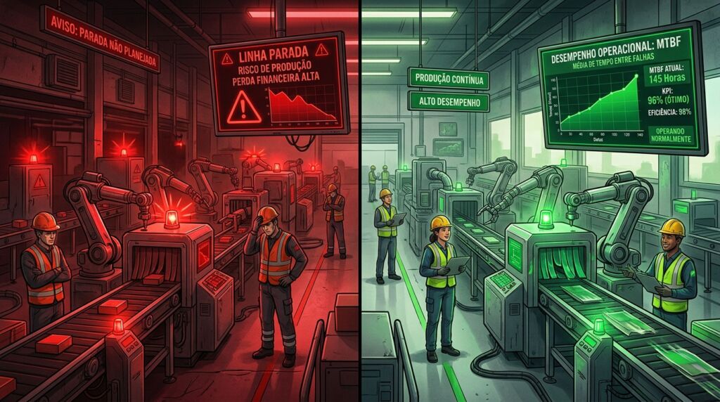 Ilustração em estilo HQ dividida verticalmente ao meio para contrastar o impacto do MTBF na produção. O lado esquerdo, iluminado por uma luz vermelha de emergência, mostra painéis com os avisos "AVISO: PARADA NÃO PLANEJADA" e "LINHA PARADA: RISCO DE PRODUÇÃO, PERDA FINANCEIRA ALTA" ao lado de um gráfico em queda livre; os operários aparecem frustrados e estressados ao lado de uma esteira estática e braços robóticos parados com sirenes piscando. O lado direito, iluminado por uma luz verde clara e produtiva, exibe painéis com "PRODUÇÃO CONTÍNUA", "ALTO DESEMPENHO" e "DESEMPENHO OPERACIONAL: MTBF" acompanhados de um gráfico em forte ascensão com a métrica "Eficiência: 98%"; os operários aparecem sorridentes, segurando tablets e supervisionando a linha de montagem automatizada que flui perfeitamente.