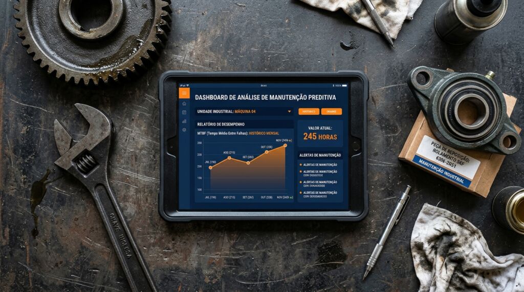 Vista superior de um tablet com capa protetora preta deitado sobre uma bancada de trabalho industrial escura, texturizada e com marcas de óleo. A tela exibe um painel digital intitulado "DASHBOARD DE ANÁLISE DE MANUTENÇÃO PREDITIVA" para a "UNIDADE INDUSTRIAL: MÁQUINA 04". O centro da tela mostra um gráfico de área laranja com o histórico mensal ascendente do MTBF (Tempo Médio Entre Falhas) de julho a novembro, e o lado direito destaca um bloco com o "VALOR ATUAL: 245 HORAS", seguido por uma lista de alertas de manutenção. Espalhados ao redor do tablet na bancada, estão ferramentas e peças mecânicas: uma grande engrenagem de aço, uma chave inglesa gasta, uma lapiseira metálica, um pano sujo de graxa e um mancal com rolamento industrial apoiado sobre sua caixa de papelão que traz a etiqueta "PEÇA DE REPOSIÇÃO".
