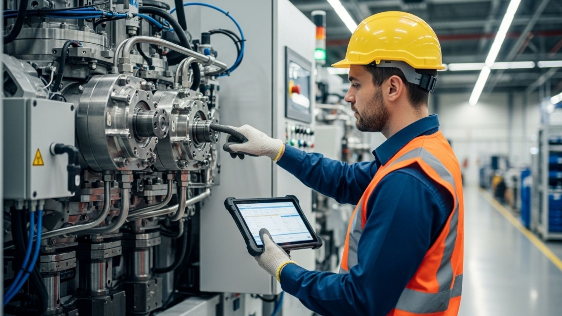 Trabalhador em um ambiente industrial, usando capacete amarelo e colete de segurança, monitorando uma máquina complexa e interagindo com um tablet, verificando dados e possíveis ajustes na operação da máquina.
