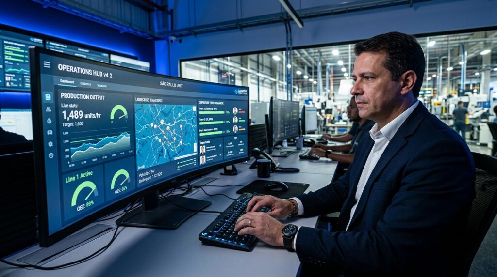 Um homem de cabelos escuros vestindo paletó azul e camisa social branca está sentado em uma sala de controle, olhando atentamente e digitando em um teclado de computador iluminado. À sua frente, há um monitor ultra-wide curvo de última geração que exibe o sistema "OPERATIONS HUB v4.2 - SÃO PAULO UNIT". A tela mostra dados em tempo real como "PRODUCTION OUTPUT (1.489 units/hr)", um mapa azul de rastreamento logístico e uma aba lateral de "EMPLOYEE PERFORMANCE" com fotos e barras de progresso de equipes. Ao fundo, há outro operador trabalhando e a estrutura iluminada da fábrica visível através de um vidro.
