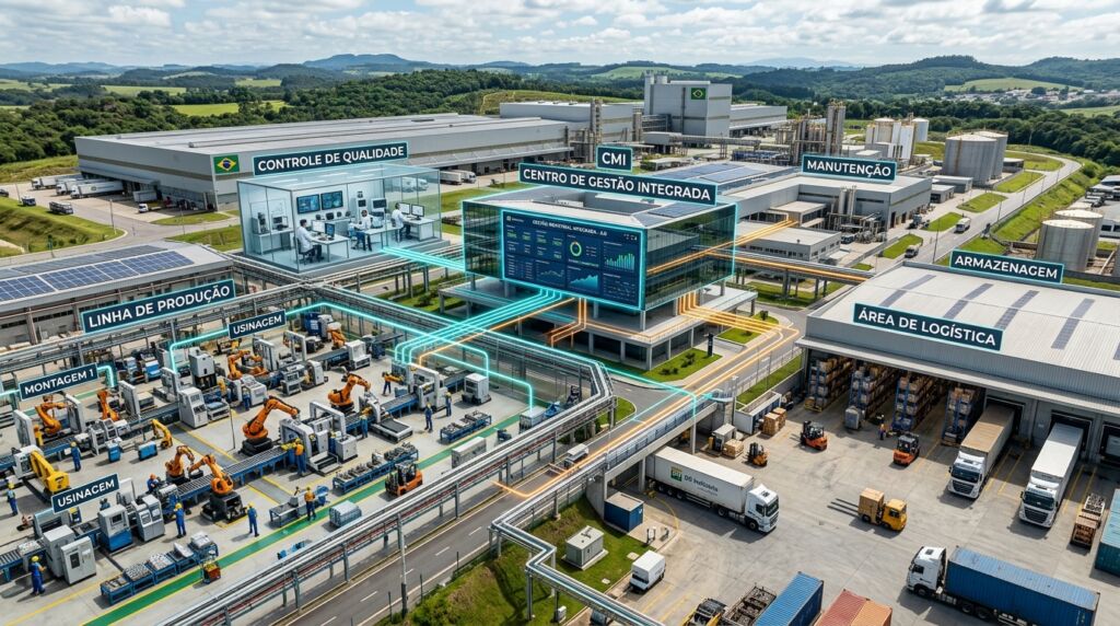 Visão aérea e panorâmica em computação gráfica 3D de um complexo industrial moderno cercado por colinas verdes. No centro da fábrica, destaca-se um prédio de vidro quadrado identificado como "CMI - CENTRO DE GESTÃO INTEGRADA", que possui uma enorme tela digital exibindo painéis de controle em sua fachada. Desse centro administrativo, partem linhas luminosas brilhantes nas cores ciano e laranja que se conectam visualmente a outras instalações rotuladas do complexo, como "CONTROLE DE QUALIDADE", "LINHA DE PRODUÇÃO" (com vários braços robóticos industriais), "MANUTENÇÃO", "ARMAZENAGEM" e "ÁREA DE LOGÍSTICA" com caminhões e empilhadeiras.