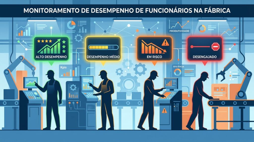 Ilustração vetorial em estilo de infográfico com o título superior "MONITORAMENTO DE DESEMPENHO DE FUNCIONÁRIOS NA FÁBRICA". O desenho mostra a silhueta de quatro operários trabalhando em painéis e maquinários industriais em uma linha de produção azulada. Acima de cada trabalhador há um balão indicativo de status: o primeiro (verde) indica "ALTO DESEMPENHO" com um gráfico ascendente; o segundo (amarelo) mostra "DESEMPENHO MÉDIO" com uma barra de progresso; o terceiro (laranja) indica "EM RISCO" com um gráfico de queda; e o quarto (vermelho) exibe "DESENGAJADO" com uma linha reta e um símbolo de pare. O fundo contém ícones de engrenagens, braços robóticos e gráficos de KPIs.