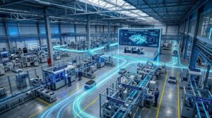 Visão panorâmica e em ângulo elevado do interior de um enorme galpão industrial hiperconectado, representando o conceito de Indústria 4.0. O chão de fábrica cinza é cortado por várias linhas luminosas brilhantes na cor ciano que simulam o fluxo de dados digitais e guiam pequenos robôs de carga autônomos (AGVs) entre as esteiras e maquinários de montagem. Poucos operadores de uniforme azul e redes no cabelo supervisionam as máquinas. Ao fundo, em uma plataforma suspensa e centralizada, fica a sala de controle principal, equipada com um painel gigante intitulado "SISTEMA DE OPERAÇÕES INTEGRADO - BRASIL" que projeta um modelo virtual em 3D brilhante de toda a linha de produção.