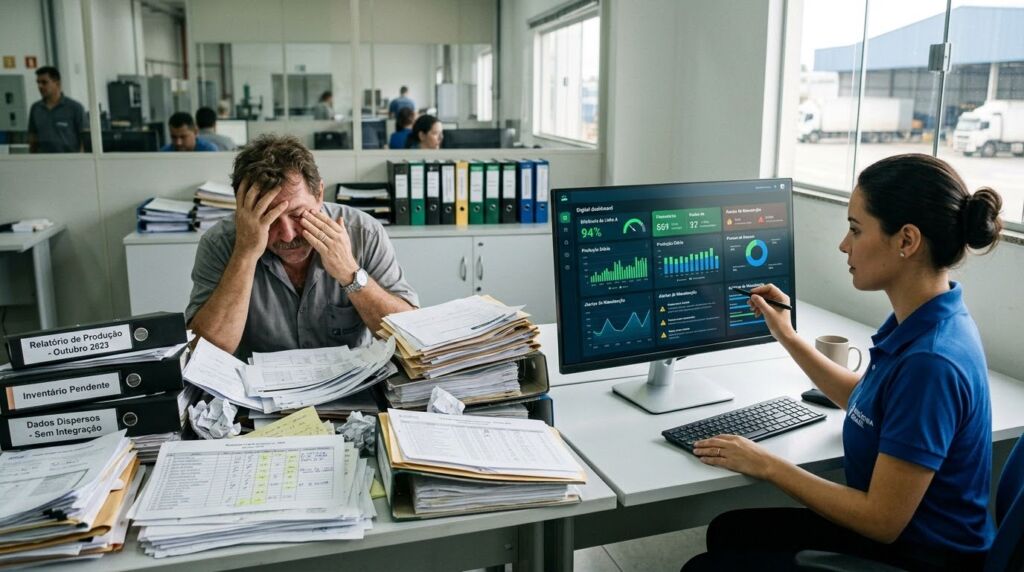 Foto ambientada em um escritório administrativo de fábrica que faz um forte contraste entre a gestão física e a digital. À esquerda da mesa, um homem de meia-idade com camisa cinza de uniforme está visivelmente exausto e estressado, esfregando o rosto com as mãos diante de grandes pilhas bagunçadas de papéis e pastas suspensas com as etiquetas "Relatório de Produção - Outubro 2023", "Inventário Pendente" e "Dados Dispersos - Sem Integração". À direita, na mesma mesa, uma jovem de cabelo preso e camisa polo azul trabalha com tranquilidade, usando uma caneta digital para apontar para um monitor de computador moderno que exibe um painel digital dinâmico e organizado, repleto de gráficos de barras, pizza e métricas verdes de eficiência (94%). Ao fundo, vidraças revelam outras salas do escritório e o pátio externo com caminhões.