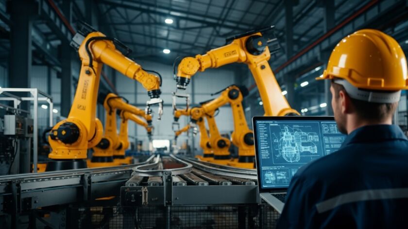 Engenheiro com capacete olhando projeto técnico em notebook diante de braços robóticos amarelos na indústria.