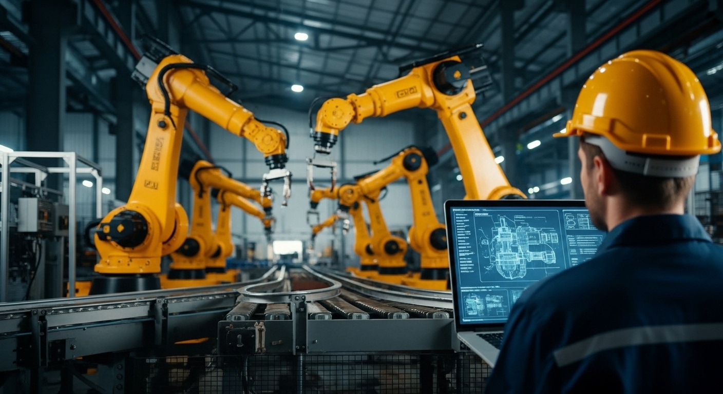 Engenheiro com capacete olhando projeto técnico em notebook diante de braços robóticos amarelos na indústria.