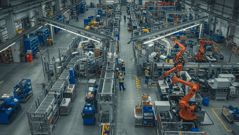 Visão ampla de um chão de fábrica moderno, com linhas de produção automatizadas, robôs industriais em operação e trabalhadores com equipamentos de segurança, ilustrando a eficiência e tecnologia na indústria.