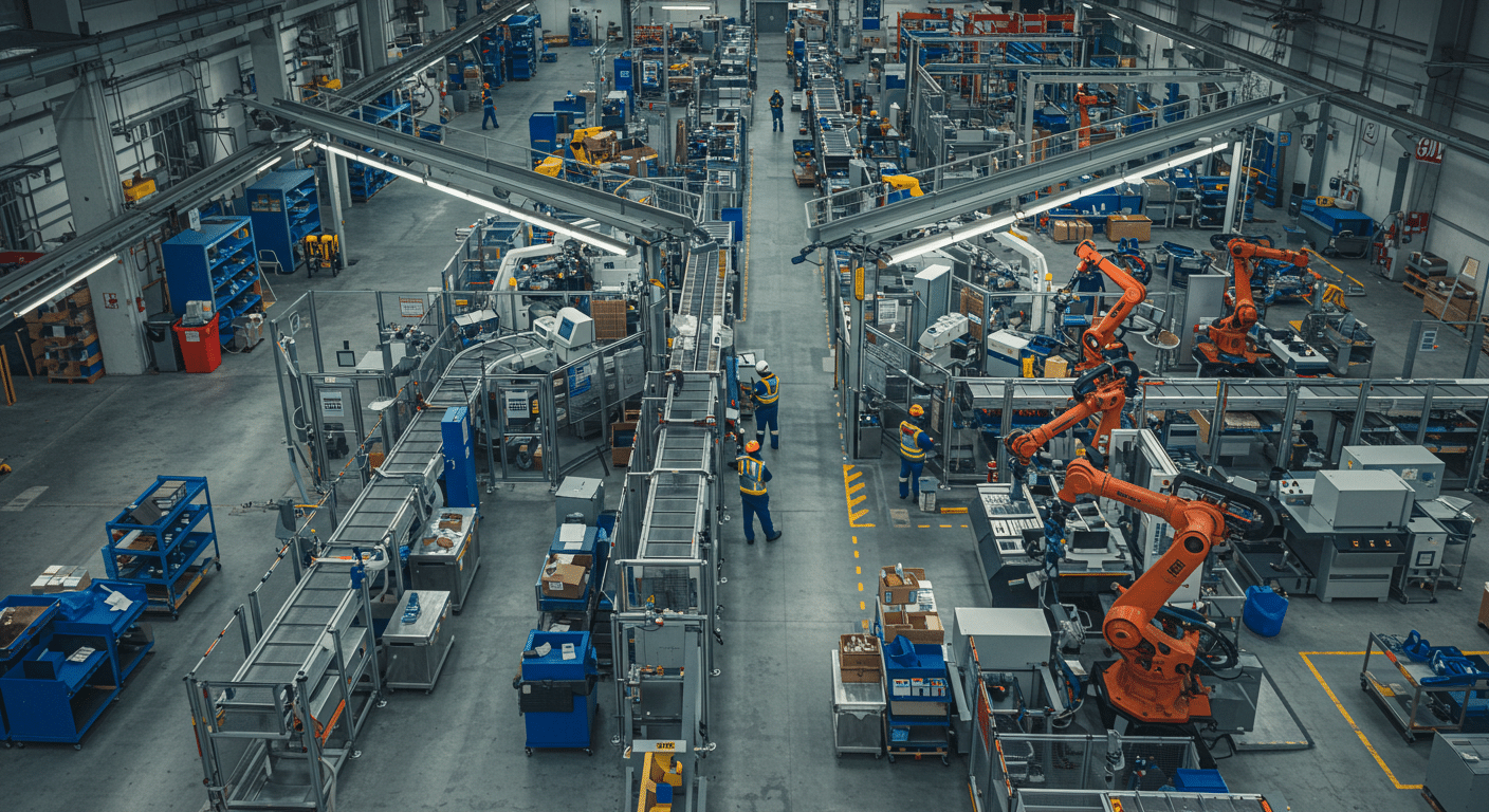 Visão ampla de um chão de fábrica moderno, com linhas de produção automatizadas, robôs industriais em operação e trabalhadores com equipamentos de segurança, ilustrando a eficiência e tecnologia na indústria.