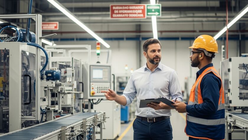 Gestor e técnico com capacete e colete refletivo conversando em fábrica ao lado de máquinas e esteira, cenário de chão de fábrica e gestão industrial