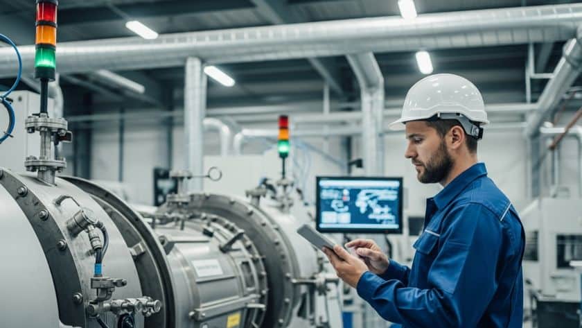 A imagem mostra um homem, aparentemente um engenheiro ou técnico, em um ambiente industrial. Ele veste um capacete de segurança branco e um uniforme de trabalho azul. Seus olhos estão fixos em um tablet que ele segura com as duas mãos, sugerindo que ele está analisando dados ou controlando alguma operação.