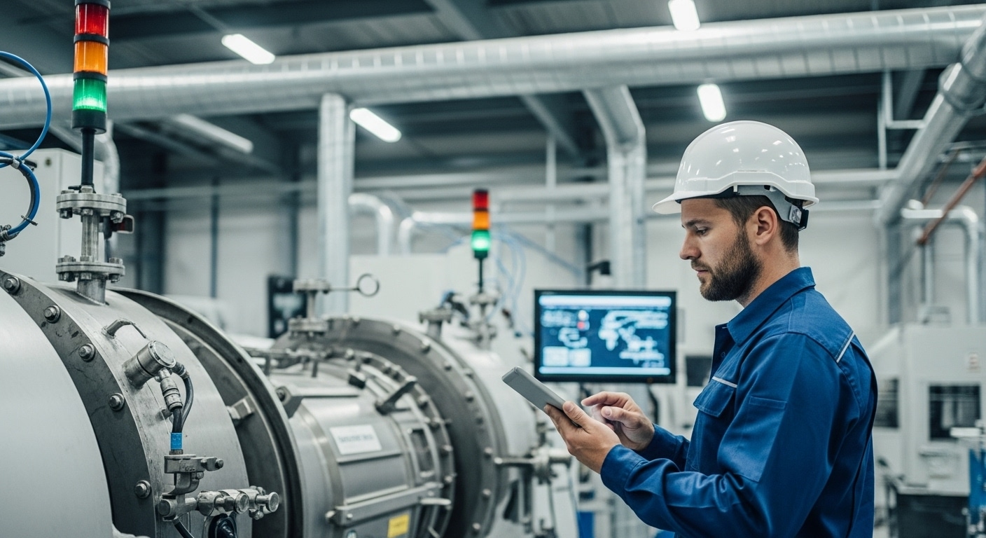 A imagem mostra um homem, aparentemente um engenheiro ou técnico, em um ambiente industrial. Ele veste um capacete de segurança branco e um uniforme de trabalho azul. Seus olhos estão fixos em um tablet que ele segura com as duas mãos, sugerindo que ele está analisando dados ou controlando alguma operação.