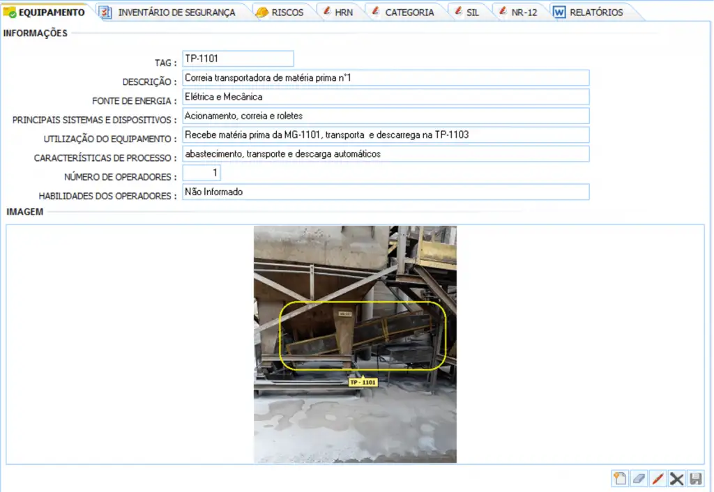 tela da apreciação de risco presente na SGPLAN tela do cadastro de um equipamento para análise de risco na SGPlan, com lacunas preenchidas e foto do equipamento