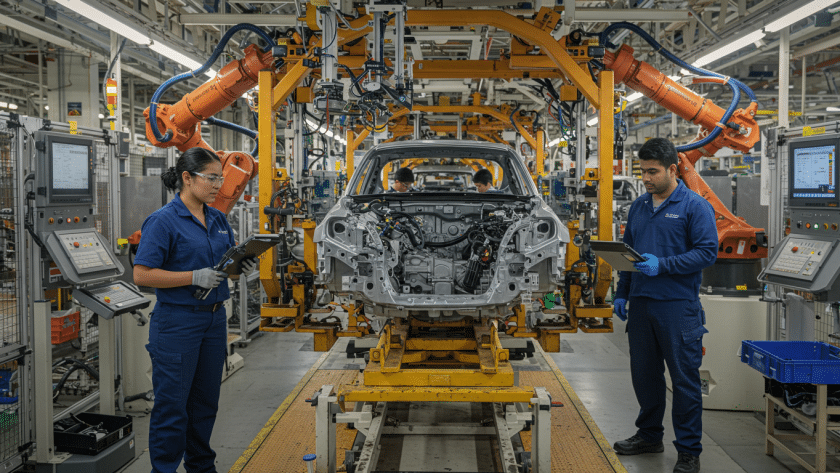 Equipe de uma indústria automobilística trabalhando, com a ajuda de um sistema de automação, na montagem de automóveis