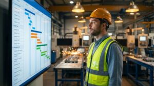 Um trabalhador da indústria usando um capacete de proteção laranja e um colete refletivo amarelo-esverdeado sobre uma camisa azul. Ele está de perfil, olhando atentamente e de forma analítica para um grande monitor vertical montado na fábrica. A tela exibe um software de gerenciamento de projetos com um gráfico de Gantt detalhado, mostrando barras horizontais verdes, laranjas e azuis. Ao fundo, vê-se o maquinário pesado da fábrica em funcionamento, com faíscas voando de uma máquina de solda ou corte.