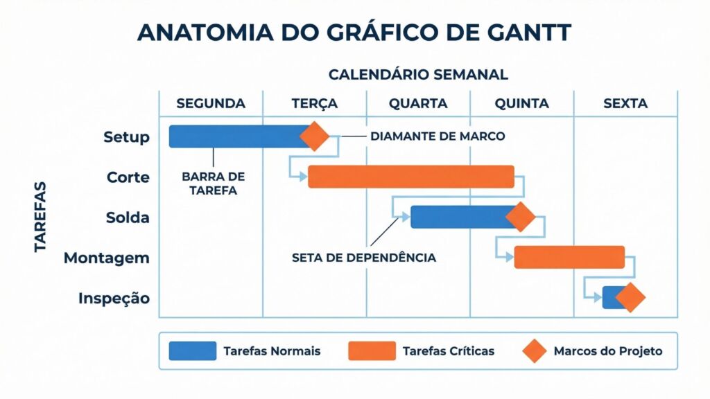 Infográfico educativo intitulado "Anatomia do Gráfico de Gantt". A imagem mostra a estrutura de um gráfico com dias da semana (de Segunda a Sexta) no eixo superior e uma lista de tarefas no eixo esquerdo (Setup, Corte, Solda, Montagem, Inspeção). O infográfico usa setas para identificar três elementos visuais: um retângulo azul rotulado como "Barra de Tarefa", um losango laranja apontado como "Diamante de Marco" e uma seta conectando tarefas chamada "Seta de Dependência". Na parte inferior, uma legenda explica que a cor azul significa "Tarefas Normais", a cor laranja significa "Tarefas Críticas" e o losango laranja representa "Marcos do Projeto".