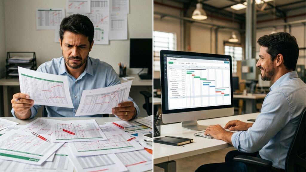 Imagem dividida ao meio comparando dois cenários de trabalho. À esquerda, um homem com expressão de frustração e estresse segura e analisa folhas de papel, com uma mesa bagunçada cheia de documentos impressos. À direita, um homem com feição alegre e relaxada trabalha em um computador moderno de mesa, cuja tela exibe um software de gestão com um gráfico de Gantt digitalizado, com o fundo mostrando um ambiente de trabalho limpo e organizado.