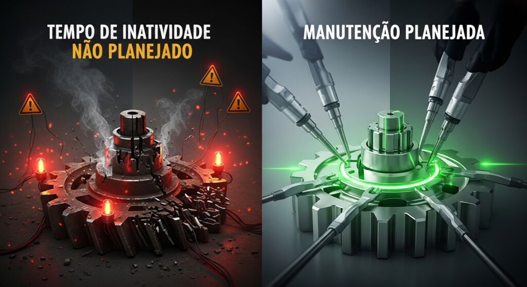 Infográfico comparativo mostrando à esquerda uma engrenagem quebrada com fumaça e luzes de alerta vermelhas para tempo de inatividade não planejado, e à direita uma engrenagem sendo ajustada com luzes verdes para manutenção planejada.