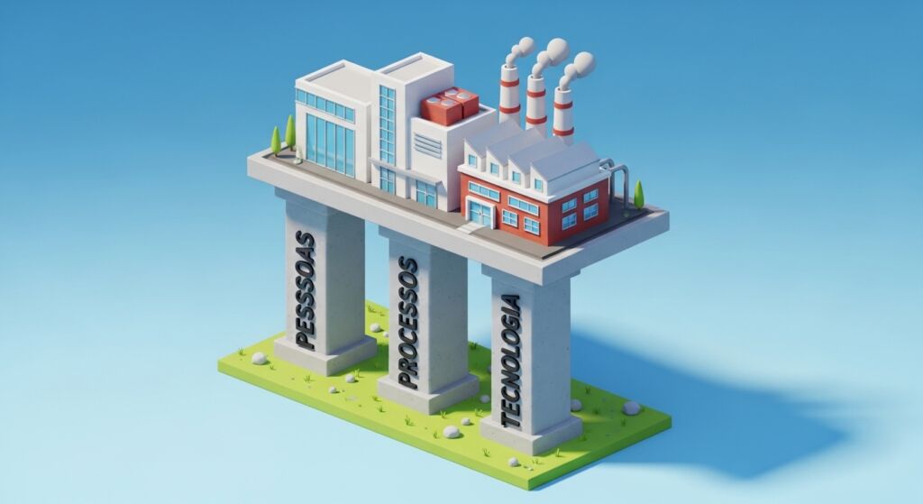 Ilustração 3D de uma planta industrial sustentada por três pilares de concreto com as inscrições Pessoas, Processos e Tecnologia, representando a base de uma gestão de manutenção eficiente.