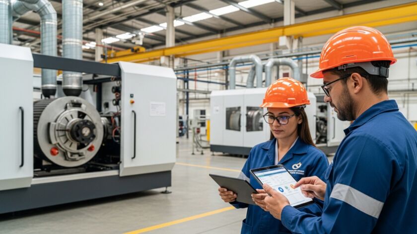 Dois especialistas em manutenção industrial, um homem e uma mulher usando capacetes laranjas e uniformes azuis, analisam dados em um tablet dentro de uma fábrica moderna com maquinário pesado ao fundo.