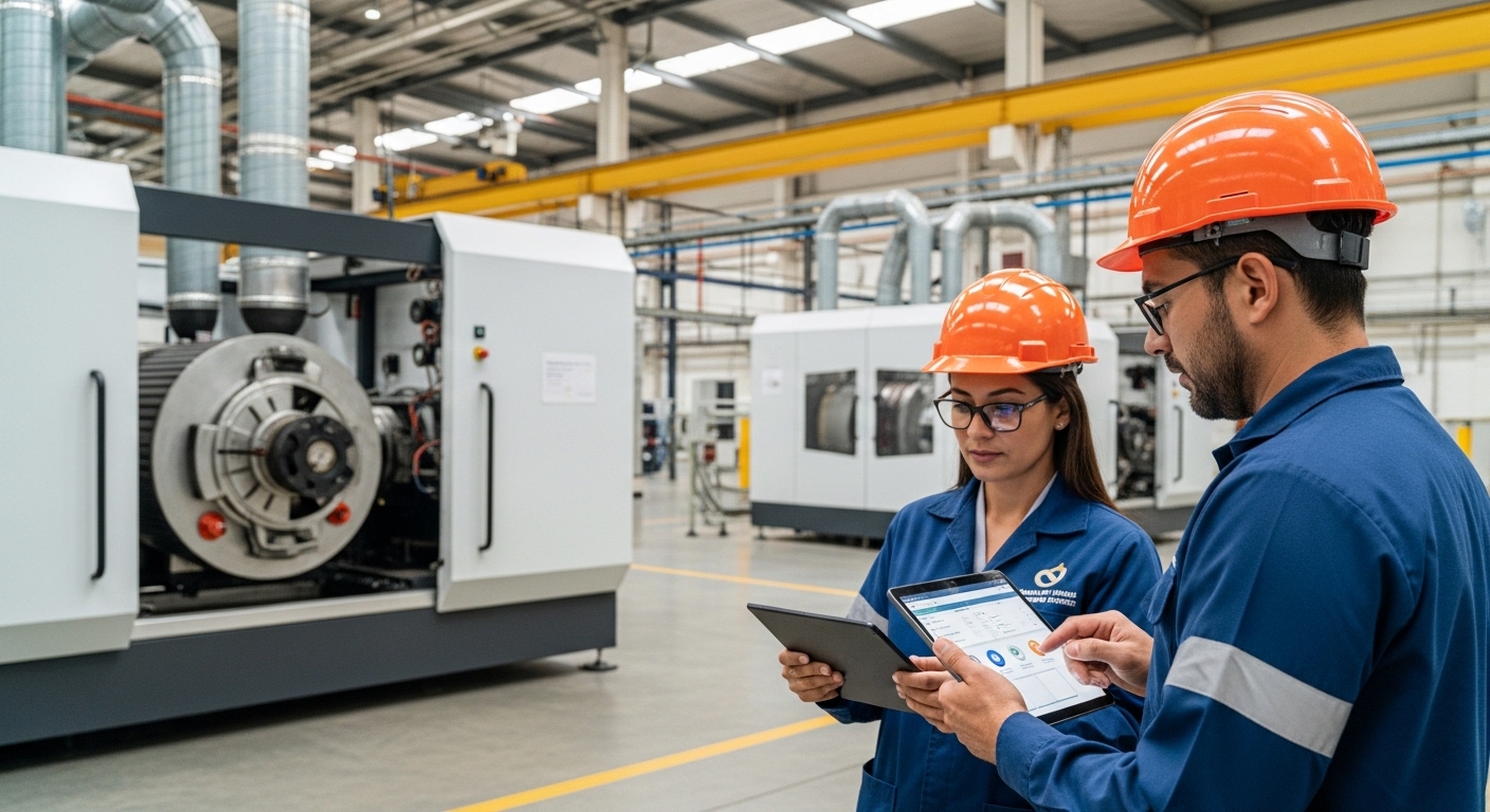 Dois especialistas em manutenção industrial, um homem e uma mulher usando capacetes laranjas e uniformes azuis, analisam dados em um tablet dentro de uma fábrica moderna com maquinário pesado ao fundo.