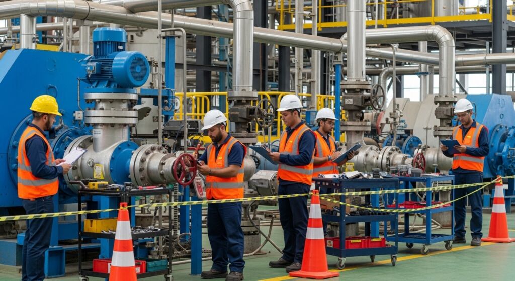 Grupo de técnicos de manutenção industrial utilizando coletes reflexivos e capacetes, realizando inspeções e ajustes em um sistema complexo de tubulações e válvulas em uma área isolada por cones e fita de segurança.