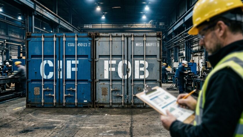 Dois contêineres de carga em um armazém industrial com as siglas CIF e FOB pintadas em branco; um funcionário de colete e capacete analisa documentos em primeiro plano.