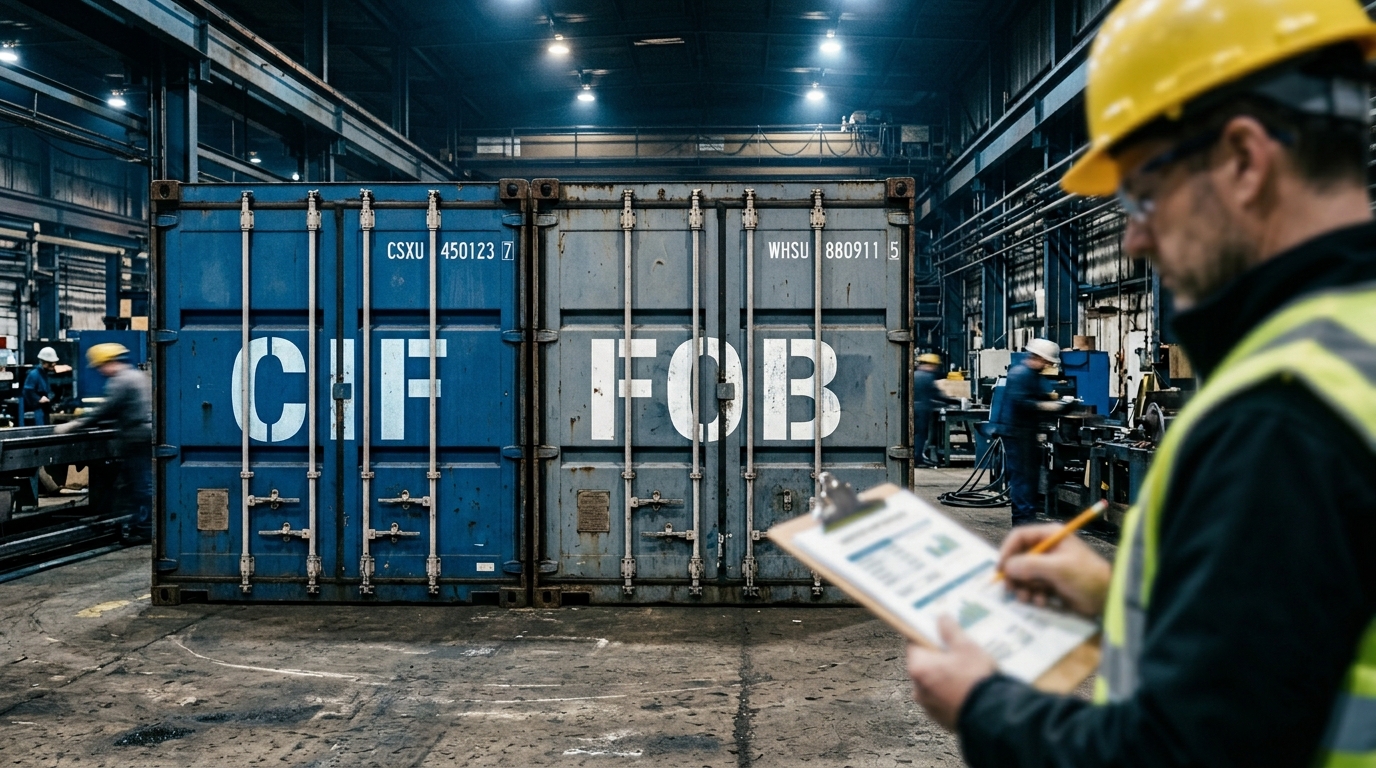 Dois contêineres de carga em um armazém industrial com as siglas CIF e FOB pintadas em branco; um funcionário de colete e capacete analisa documentos em primeiro plano.