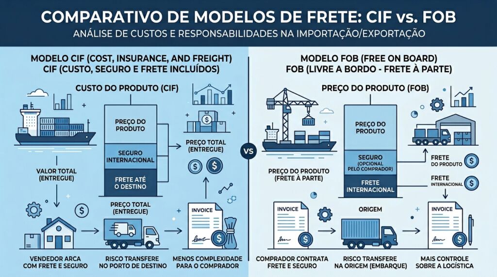 Infográfico comparativo entre frete CIF e FOB. O lado CIF mostra o vendedor responsável por custos, seguro e frete até o destino. O lado FOB mostra o comprador assumindo a logística e riscos a partir da origem do embarque.