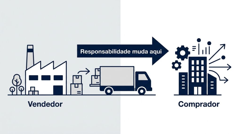 Ilustração simples mostrando a transferência de responsabilidade logística entre Vendedor e Comprador. Uma seta indica que a responsabilidade muda durante o trajeto do caminhão de transporte.