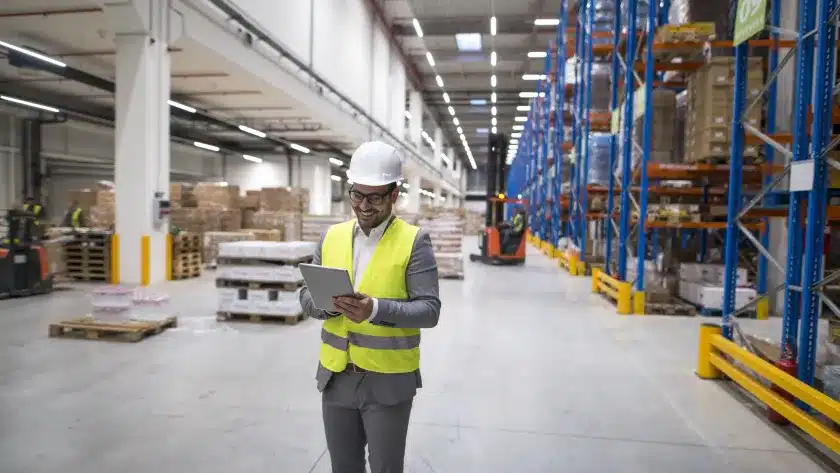 gestor no chão de fábrica fazendo anotações na prancheta para controle de expedição de produtos