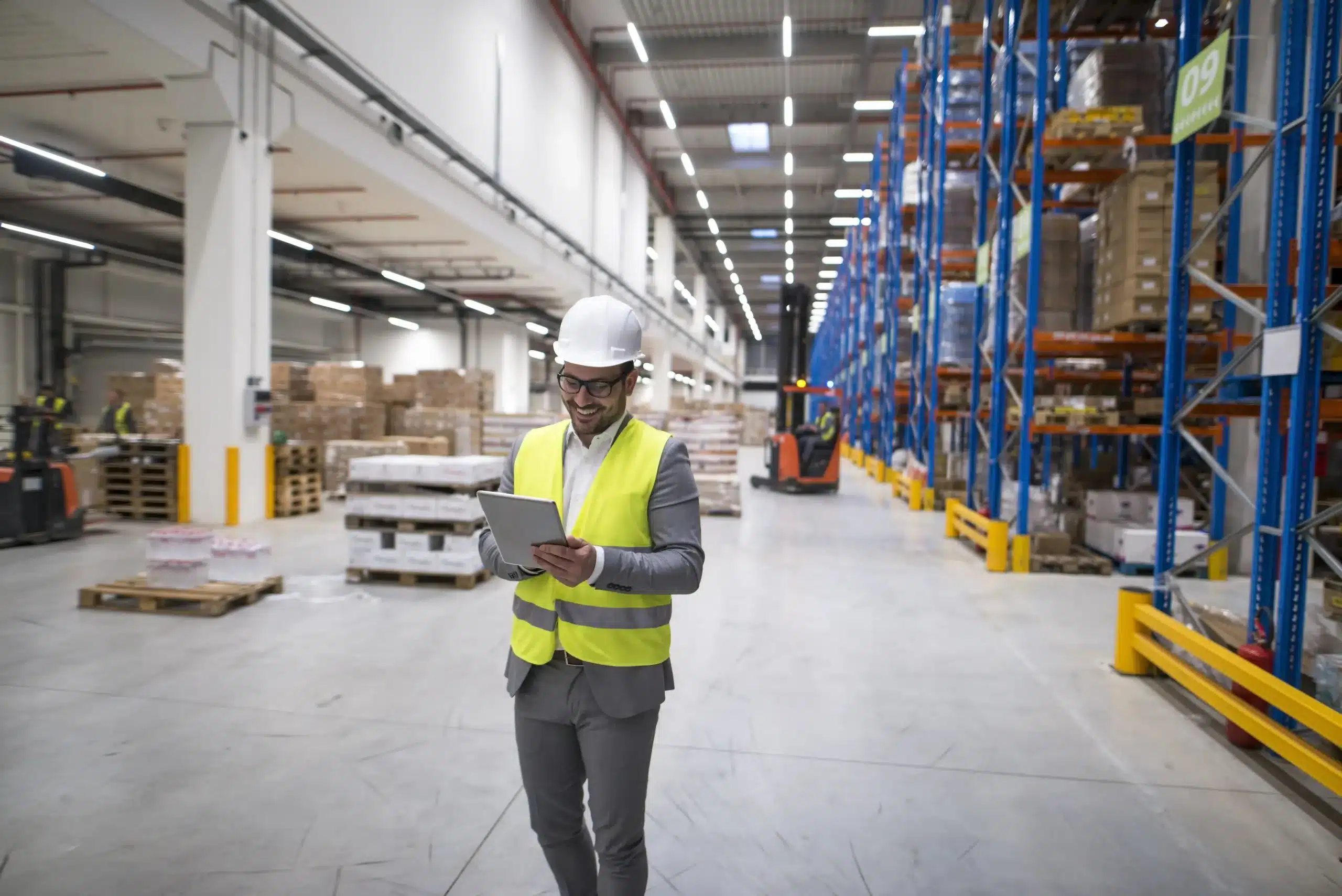 gestor no chão de fábrica fazendo anotações na prancheta para controle de expedição de produtos