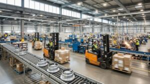 Chão de fábrica movimentado com esteira transportadora de peças em primeiro plano e empilhadeiras transportando caixas pela linha de produção industrial.