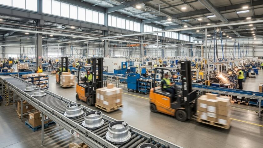 Chão de fábrica movimentado com esteira transportadora de peças em primeiro plano e empilhadeiras transportando caixas pela linha de produção industrial.