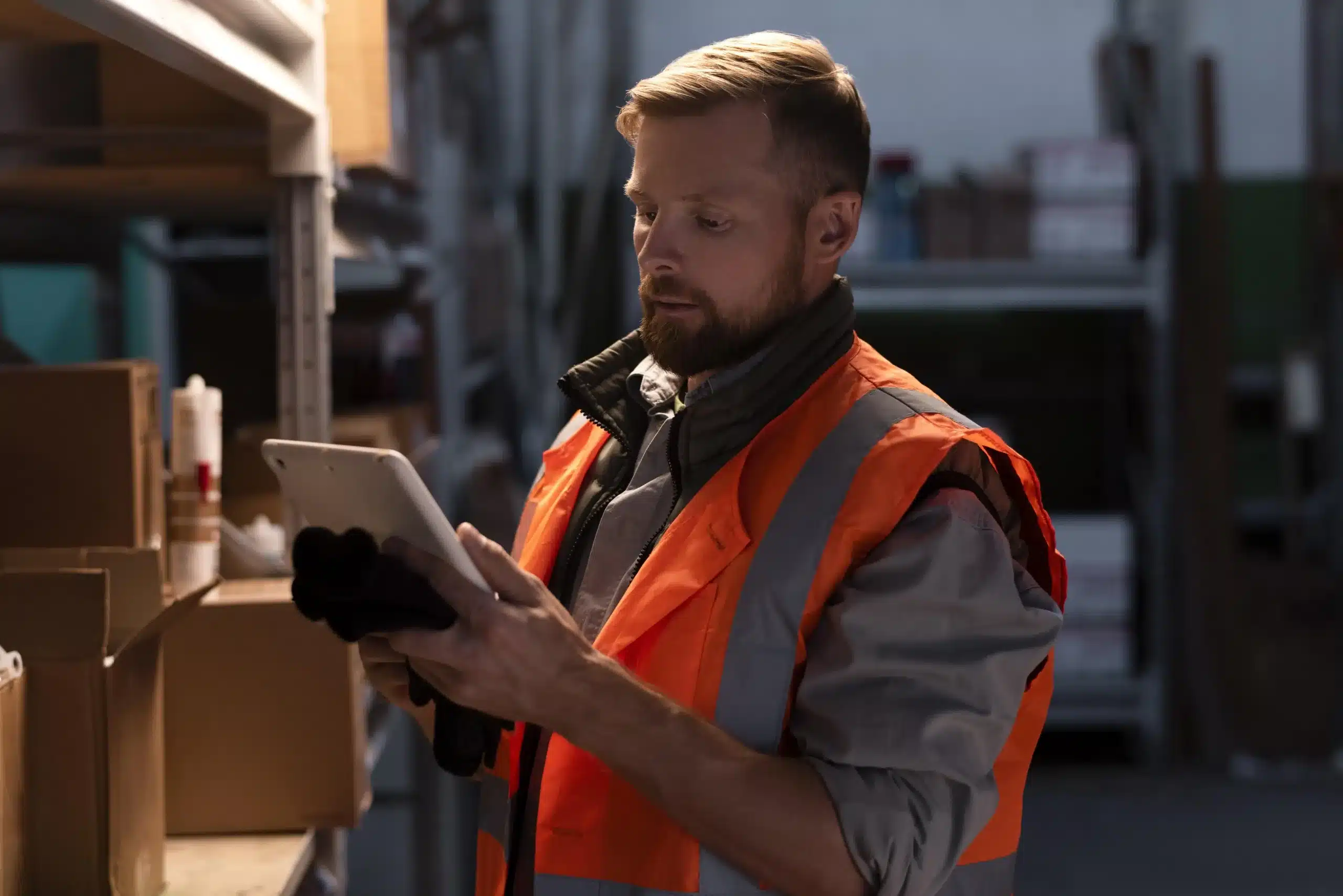 gestor de logistica industrial no chao de fabrica com tablet em maos