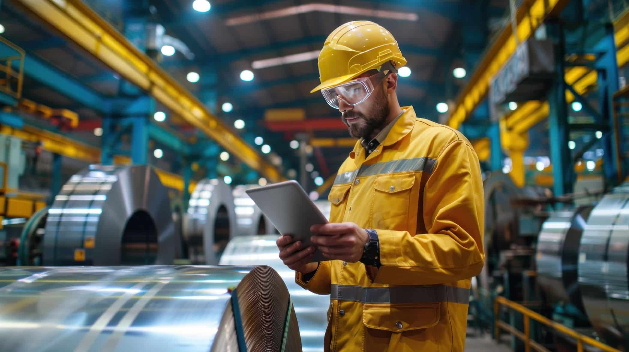 Operário de fábrica vestindo traje de segurança usando um tablet digital Inspecione os rolos de chapa metálica de qualidade na fábrica durante o processo de produção.