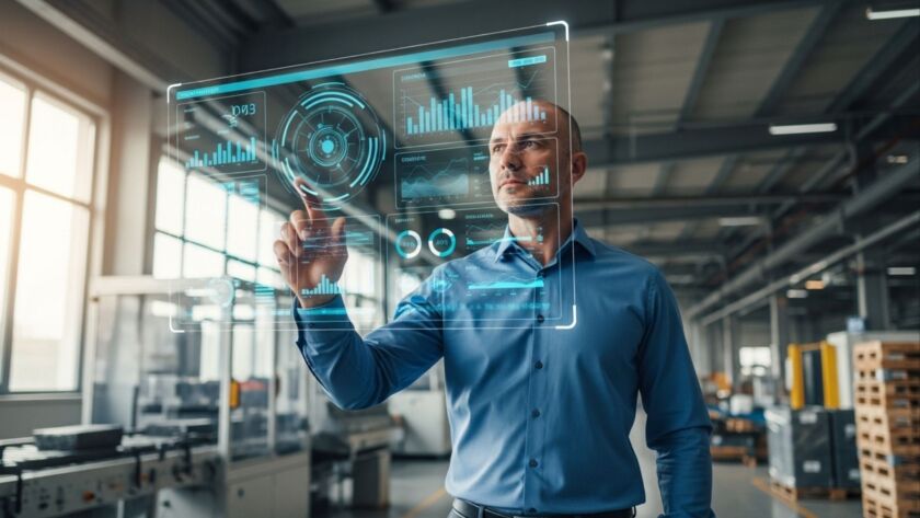 Homem interagindo com interface holográfica de gráficos e dados em ambiente industrial moderno.