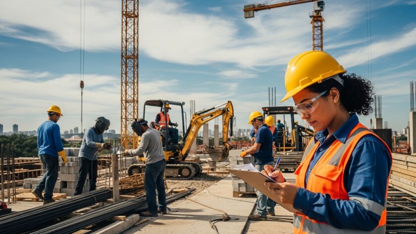 Obra em andamento com trabalhadores usando equipamentos de proteção individual; mulher em primeiro plano com capacete e colete laranja faz anotações em prancheta enquanto máquinas e operários atuam ao fundo.