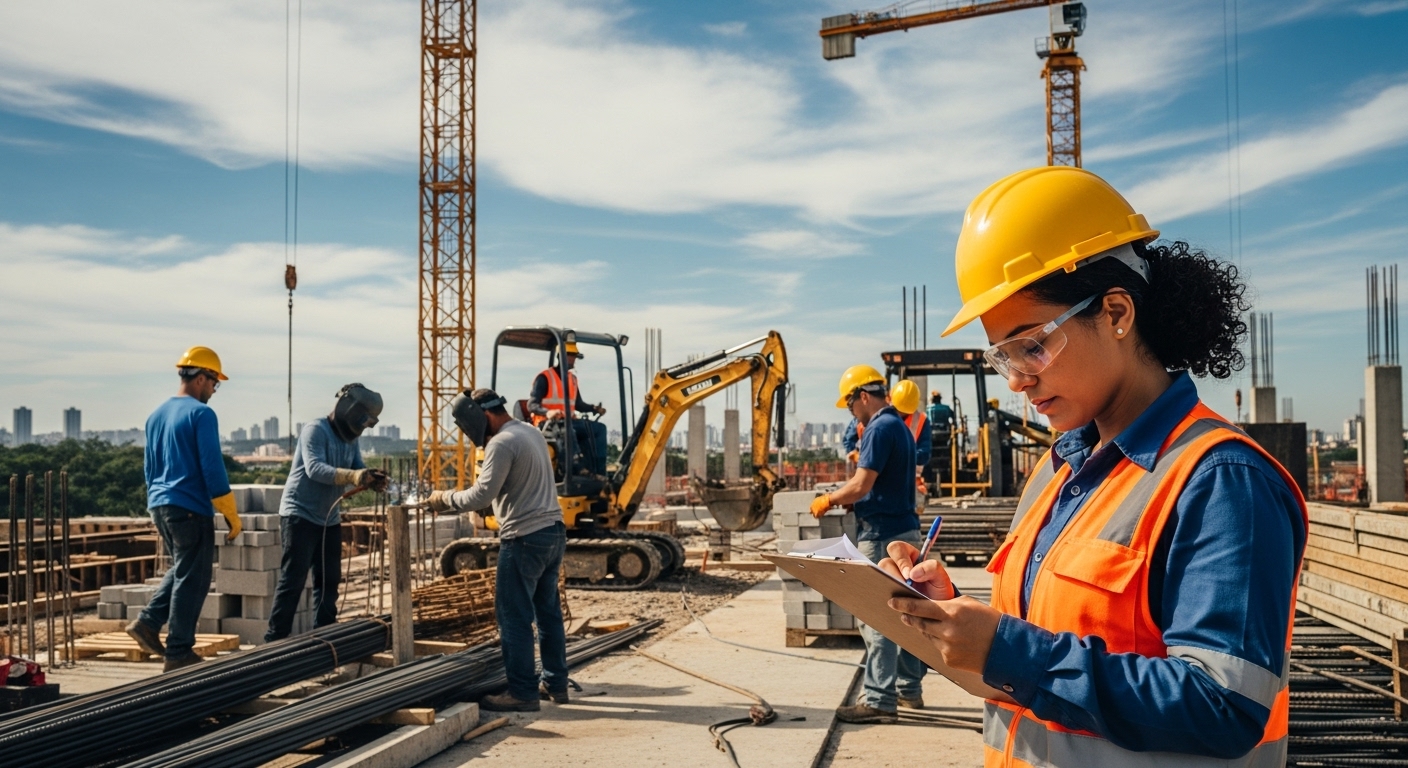 Obra em andamento com trabalhadores usando equipamentos de proteção individual; mulher em primeiro plano com capacete e colete laranja faz anotações em prancheta enquanto máquinas e operários atuam ao fundo.