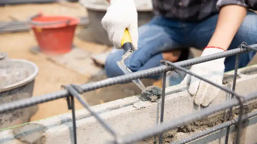 trabalhador levantando parede na obra
