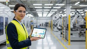 Mulher em uma fábrica usando colete de segurança, segurando um tablet com gráficos e dashboards de produção, olhando para a câmera, com máquinas industriais ao fundo.