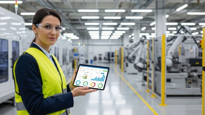 Mulher em uma fábrica usando colete de segurança, segurando um tablet com gráficos e dashboards de produção, olhando para a câmera, com máquinas industriais ao fundo.